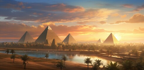 landscape view of the pyramids and the Nile river - obrazy, fototapety, plakaty