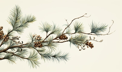 Coniferous branch on a white background in vintage style.