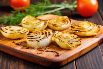 grilled onions with crispy edges on a wooden board