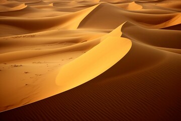 AI illustration of a desert landscape with rolling sand dunes at golden hour