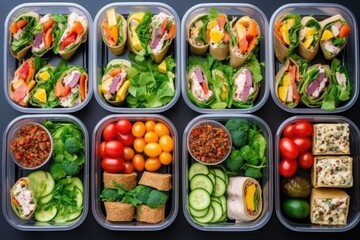 top view of assortment of healthy sandwiches in plastic containers