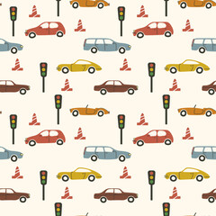Seamless pattern with cute colorful cars