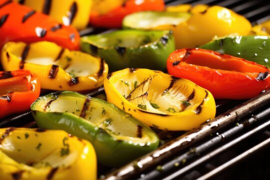 close-up photographic image of olive oil brushed grilled bell peppers and courgettes