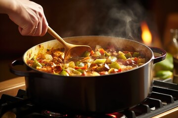 hand stirring a pot of gumbo with a wooden spoon