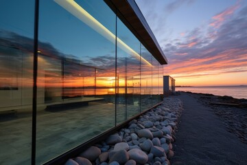 ocean-reflected sunset on a shingle homes glass wall