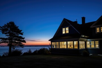 Fototapeta na wymiar shadowed silhouette of a shingle-style house against twilight ocean views