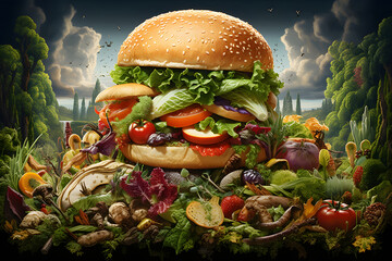 Vegan burger with fresh vegetables - obrazy, fototapety, plakaty