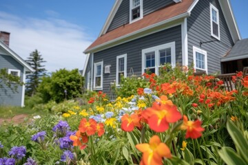 wood-shingle house with seasonal flowers in foreground