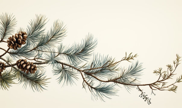 Coniferous branch on a white background in vintage style.
