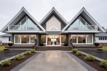 pure geometry captured in a symmetrical shot of a shingle house with veranda - obrazy, fototapety, plakaty