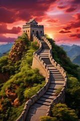 Stunning Great Wall of China at sunset, Generative AI