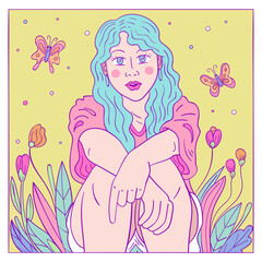 Colorful Cute Girl Illustration With Flowers and Butterflies