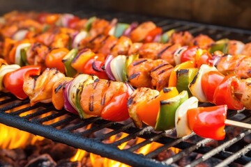 shrimp skewers cooking on smoking hot grill