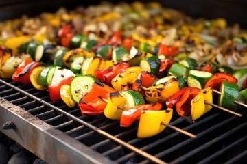 numerous grilling skewers with vegetables on a charcoal grill