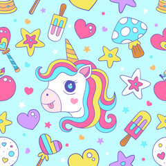 Cute Rainbow Unicorn Seamless Pattern Light Blue