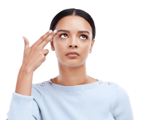 Woman, face and finger gun to head or brain for frustrated, annoyed or depressed emoji. Serious female model with hand gesture for suicide, shoot or killing on png, isolated or transparent background