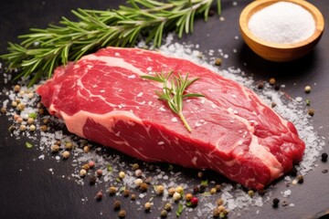 herb rub on raw steak with salt scattered around