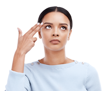Woman, face and finger gun to head or brain for frustrated, annoyed or depressed emoji. Serious female model with hand gesture for suicide, shoot or killing on png, isolated or transparent background