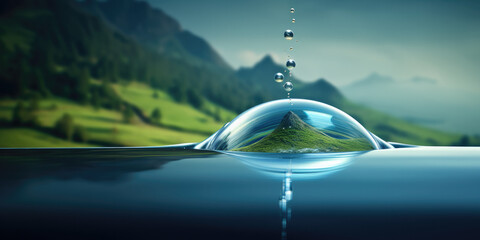 Symbolising the preciousness of water in this image depicting a Water droplet falling into mountain lake - obrazy, fototapety, plakaty