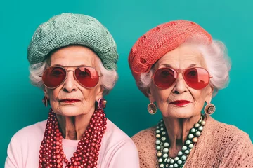 Deurstickers Old stylish woman pensioner friends. Fashion cool senior age. Generate Ai © nsit0108