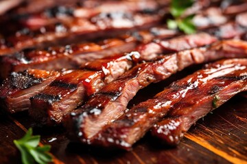close-up of hickory smoked ribs with a shiny glaze