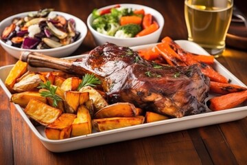 wide angle view of smoked ribs and roasted vegetables