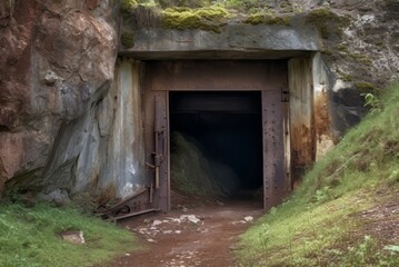 Fototapeta na wymiar Entrance abandoned mine. Dark underground cavern construction cave. Generate Ai