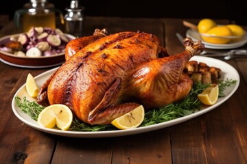 whole chicken smoked with hickory, on a platter