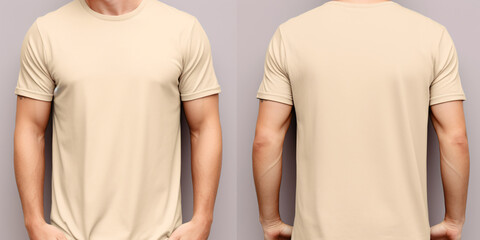 A Stylish Men's Beige T-shirt Mockup, Front and Back view, Perfect for Cozy Comfort and Fashion Forward Chicness - obrazy, fototapety, plakaty