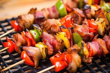 close-up of skewered brussels sprouts, bacon strips wrapped around