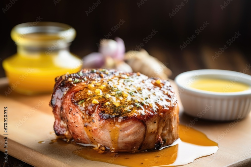 Canvas Prints pork chop topped with a dollop of honey mustard sauce on kitchen counter