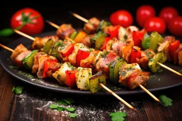 Foto op Aluminium close-up of juicy brussels sprouts and bacon skewers © altitudevisual