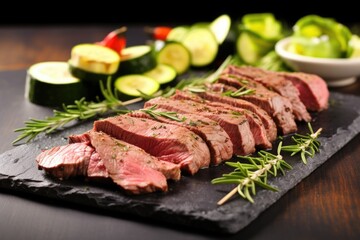 grilled skewers of beef and zucchini on a slate platter