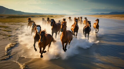 AI illustration of brown horses galloping across the beach