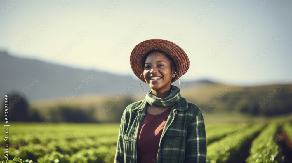 Wall mural african female farmer is standing on the agricultural field