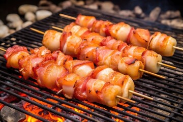 hot skewered scallops and bacon smoking on a barbecue