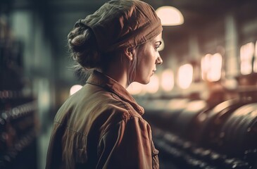 Naklejka premium Factory vintage woman worker early morning. Girl person in white work suit. Generate Ai