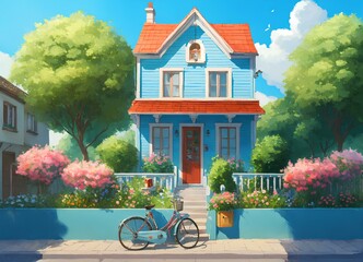 家の水彩画、イラスト素材、夏の背景｜Watercolor painting of the house. Illustration material. summer background. Generative AI