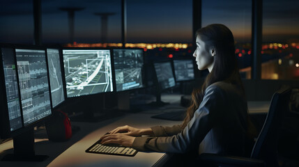 Air traffic controller in the tower, working - obrazy, fototapety, plakaty