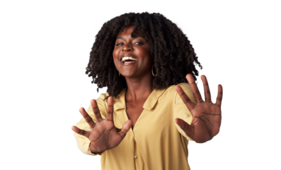 Happy, portrait and woman with a stop hand sign for fear, scared or horror expression for safety. Happiness, smile and African female model with block gesture isolated by transparent png background.