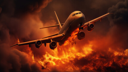 Airplane flying through the fire