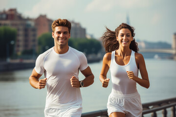 Couple doing sport together outdoor, running together. Morning run. Healthy lifestyle. Sport concept - obrazy, fototapety, plakaty