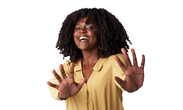 Happy, portrait and woman with a stop hand sign for fear, scared or horror expression for safety. Happiness, smile and African female model with block gesture isolated by transparent png background.