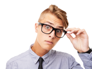 Business man, wow and looking with glasses isolated on transparent png background for optometry surprise or frame choice. Face, check and professional person with eye care promotion, sale or shocked