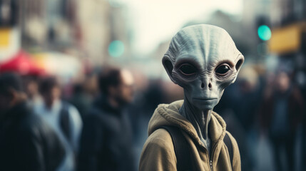 Alien is outdoors in the modern city on Earth, other word creature