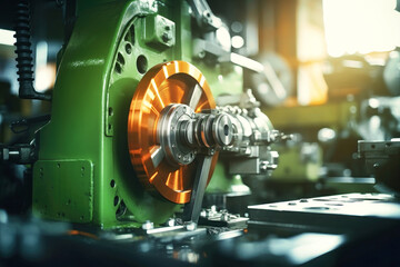 Obraz premium Photo of a detailed view of a functioning machine in action. Modern metal processing at an industrial enterprise. Manufacturing of high-precision parts and mechanisms.