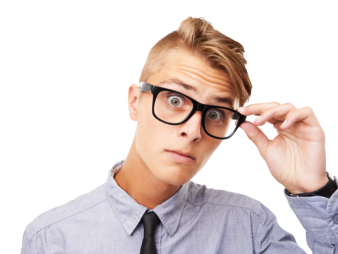Business man, wow and looking with glasses isolated on transparent png background for optometry surprise or frame choice. Face, check and professional person with eye care promotion, sale or shocked