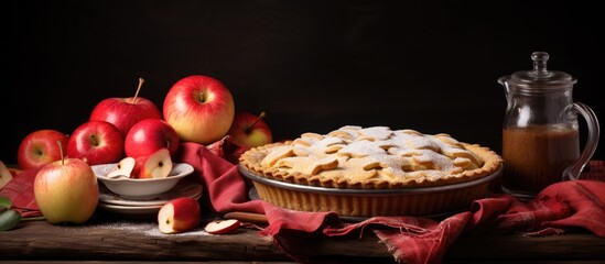 Fresh apples placed on a wooden table accompanied by a delicious homemade pie made from apples