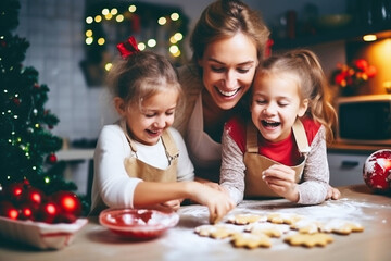 Photo of a woman and two young girls baking and bonding in the kitchen