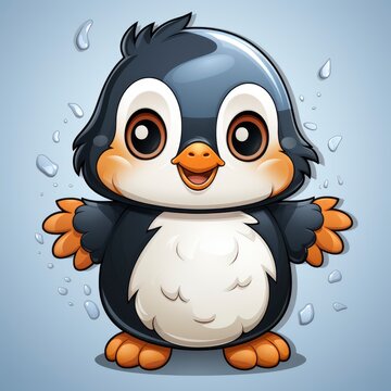 Cute Penguin Summer Waving Hand , Cartoon, Icon Illustration